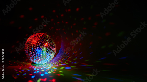 Glittering mirror disco ball. Nightclub. For advertising or web design. Entertainment, disco or music show background