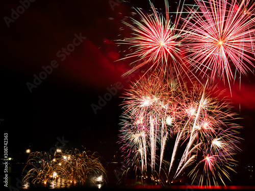 Colorful firework display at the International Fireworks Festival 2019 at Pattaya City, Thailand . photo