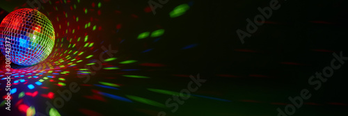 Glittering mirror disco ball. Nightclub. For advertising or web design. Entertainment  disco or music show extra wide panorama banner background