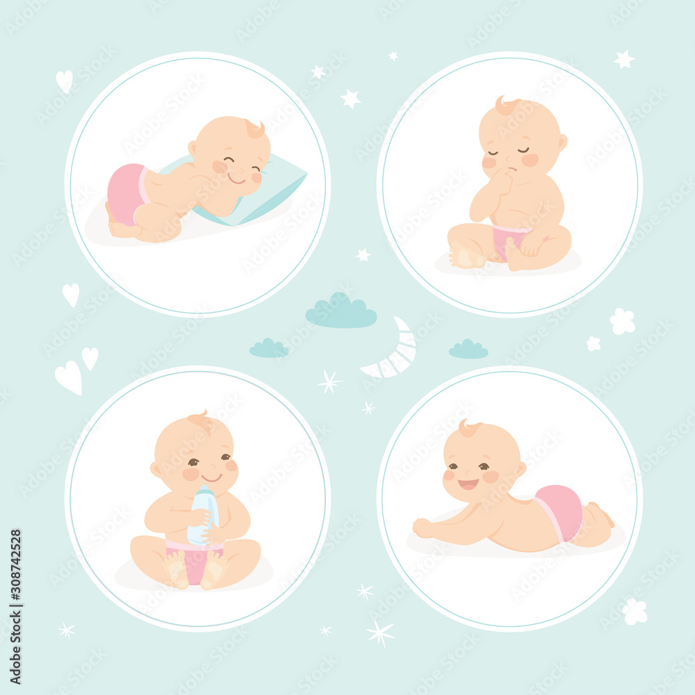 Set of cute infant babies. Cartoon newborn baby in various poses. Set of cute infant babies. Cartoon newborn baby in various poses.