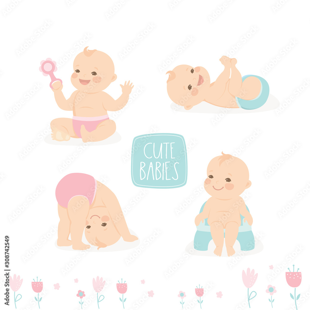 Cute baby. Cartoon newborn boys and girls in diapers. Toddlers sleeping or  playing. Happy infants with faces and hairs. Human age. Children sitting  and crawling. Vector kids poses set Stock Vector |