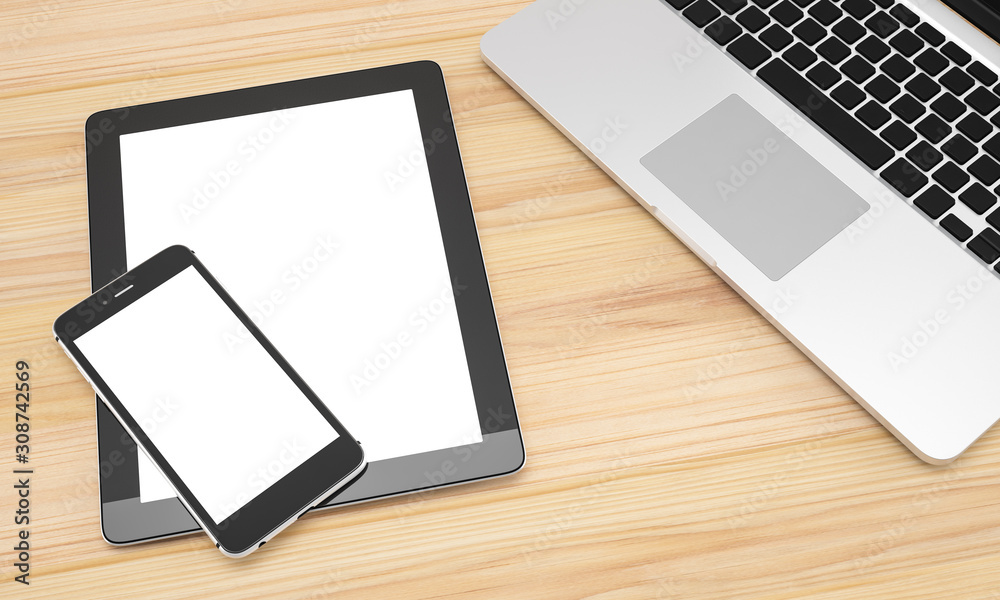 Blank Smartphone, tablet, computer laptop on wood table background, workspace, mock up, illustration 3D rendering Blank Smartphone, tablet, computer laptop on wood table background, workspace, mock up, illustration 3D rendering