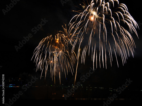 Colorful firework display at the International Fireworks Festival 2019 at Pattaya City, Thailand . photo