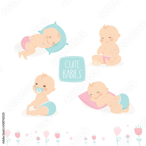 Set of cute infant babies. Cartoon newborn baby in various poses.