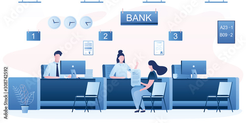 Bank managers and customers characters. Woman client in bank office room. Bank employees or staff on workplace.