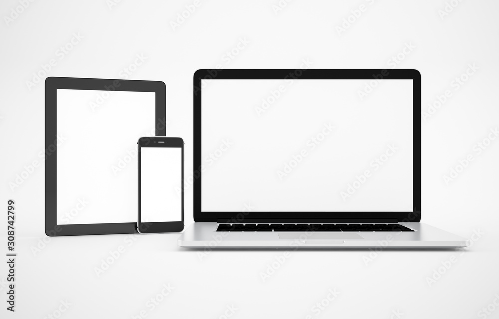 Computer, laptop, tablet, smartphone, display. on white background workspace mock up design illustration 3D rendering Computer, laptop, tablet, smartphone, display. on white background workspace mock up design illustration 3D rendering