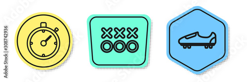 Set line Stopwatch, Planning strategy concept and Soccer or football shoes with spikes. Colored shapes. Vector