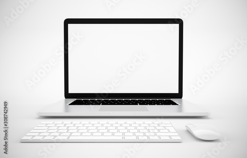 Computer, laptop, keyboard, mouse, display. on white background workspace mock up design illustration 3D rendering