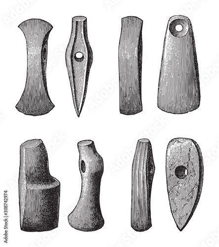 Stone age tools collection / vintage illustration from Meyers Konversations-Lexikon 1897