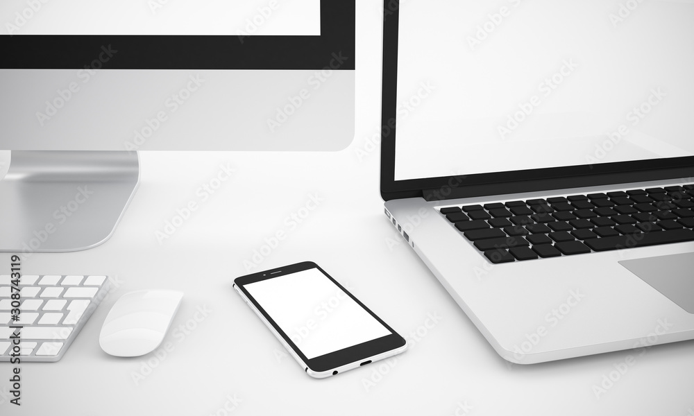 Blank Computer, laptop, tablet, smartphone, keyboard, mouse on white background, Mock up, illustration 3D rendering Blank Computer, laptop, tablet, smartphone, keyboard, mouse on white background, Mock up, illustration 3D rendering