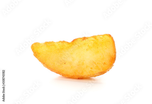 Slice of baked potato wedges isolated on white background, closeup