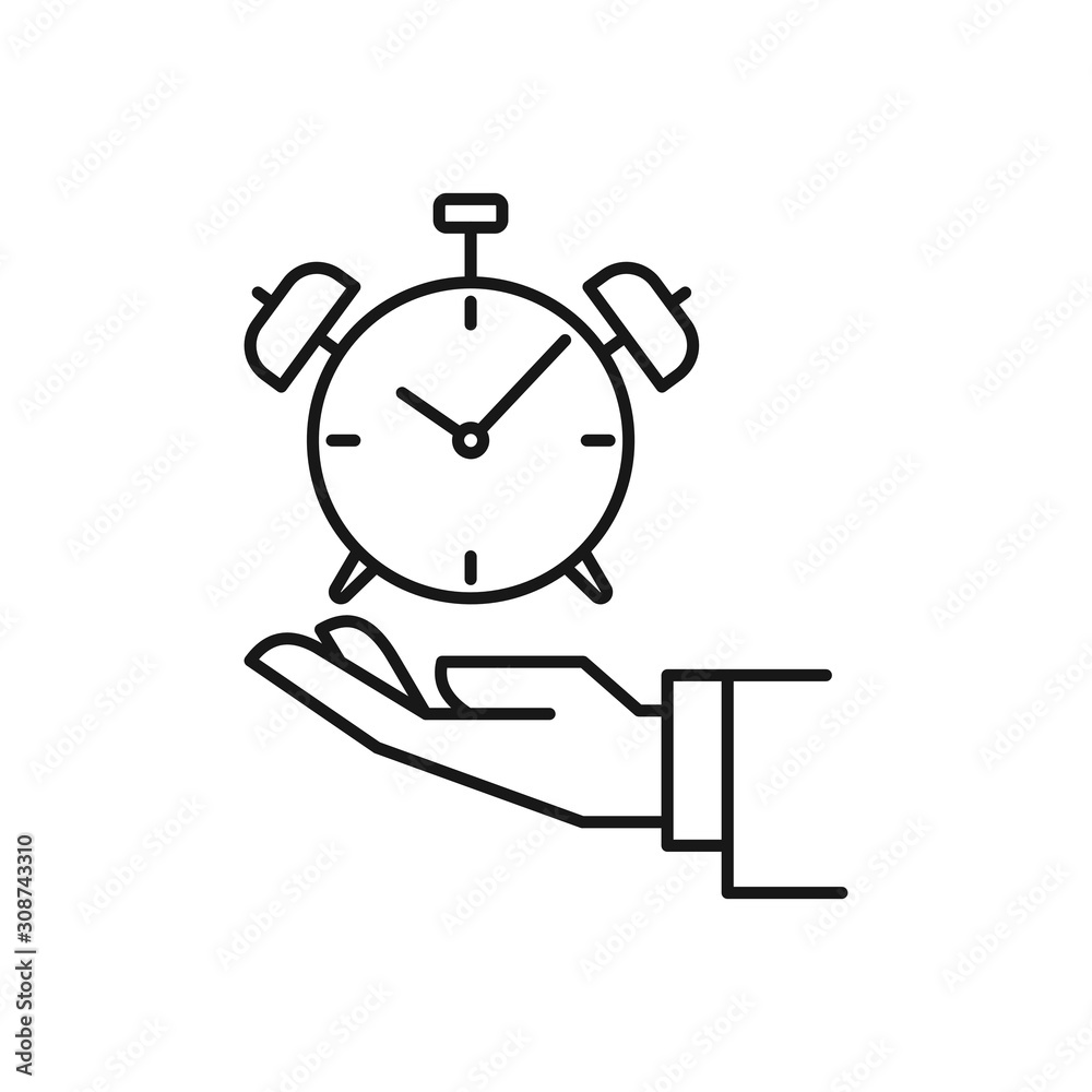 Hand and alarm clock icon. Concept of time management. Outline thin line flat illustration. Isolated on white background. 