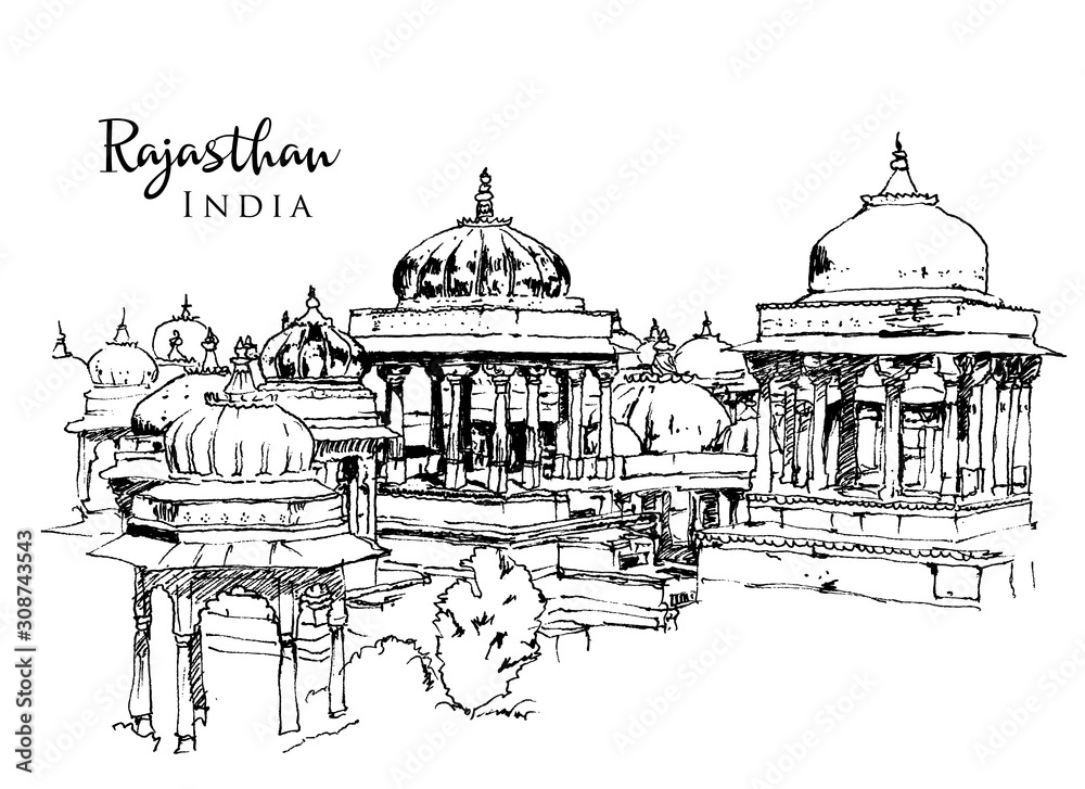 Drawing sketch illustration of Ahar cenotaphs, India