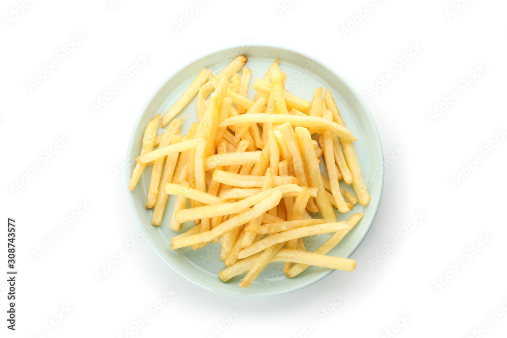 Plate of tasty french fries isolated on white background, top view Plate of tasty french fries isolated on white background, top view