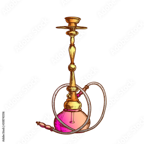 Smoking Hookah Lounge Cafe Instrument Retro Vector. Arabia Oriental Relaxation Smoking Aroma Flavored Tobacco Or Cannabis Equipment Hookah. Color Hand Drawn In Vintage Style Illustration