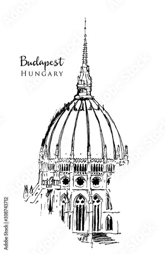 Drawing sketch illustration of the dome of Hungarian Parliament building