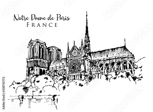 Fotografie, Obraz Drawing sketch illustration of Notre Dame de Paris