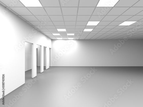 Office room with white walls and blank doorways