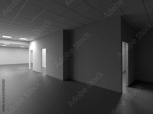 Dark empty office interior, cg background, 3d