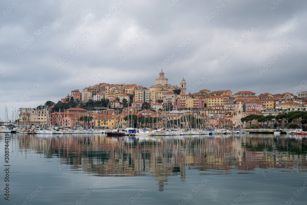Imperia. Liguria. Panoramic view from the sea of ancient city