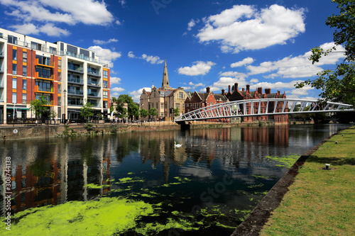 Buildings along the river Great Ouse embankment, Bedford town; Bedfordshire County, England, UK