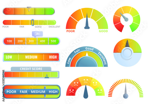 Credit score icons set. Cartoon set of credit score vector icons for web design
