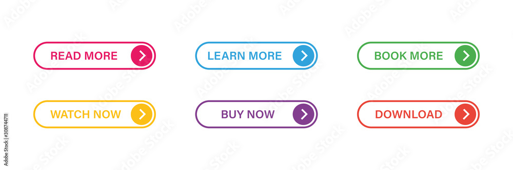 Set of trendy flat stroke buttons. Thin line design. Colorful outline concept. Internet concept. Isolated vector. Read more, Book now, Buy now, Download, Learn more. Set of trendy flat stroke buttons. Thin line design. Colorful outline concept. Internet concept. Isolated vector. Read more, Book now, Buy now, Download, Learn more.