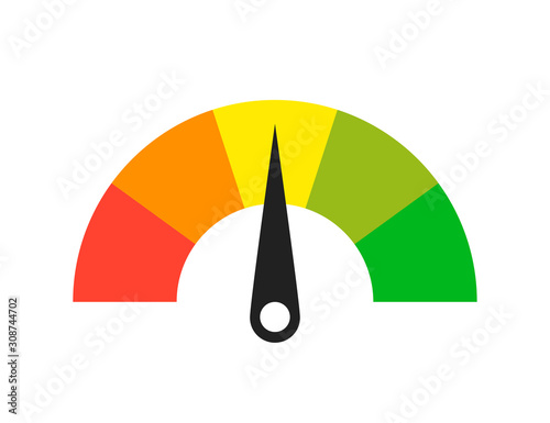 Colored scale. Gauge. Indicator with different colors. Measuring device tachometer speedometer indicator. Vector isolated illustration.