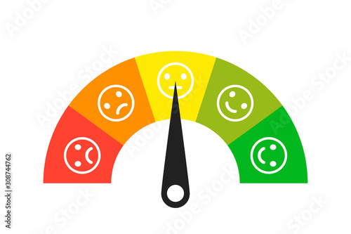 Colored scale. Gauge. Indicator with different colors. Emoji faces icons. Measuring device tachometer speedometer indicator. Vector isolated illustration. photo