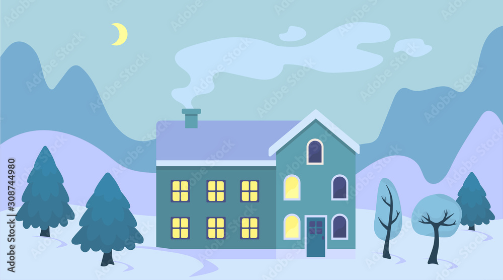 Cute cartoon Christmas house in the snow landscape illustration. Winter scenery retro town exterior with christmas tree and mountains.