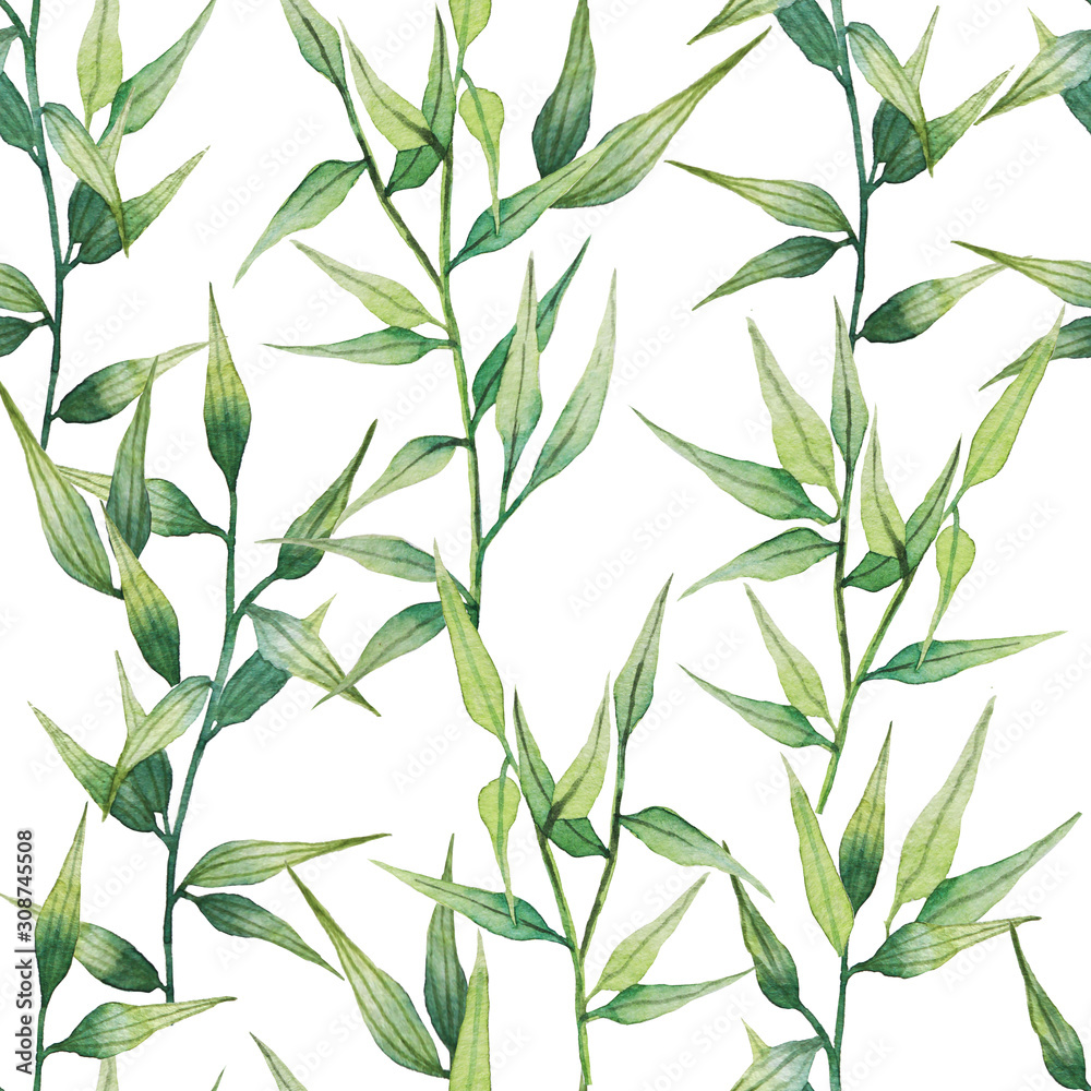 Fototapeta premium Watercolor seamless pattern with realistic botanical leaves