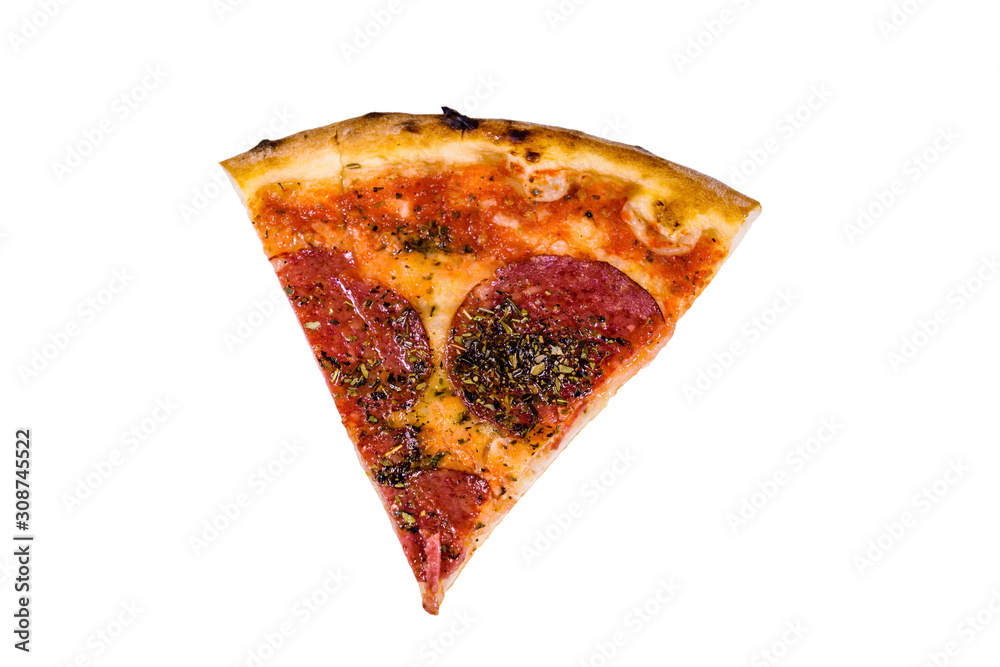 Fototapeta Piece of pizza with salami sausage and parmesan cheese isolated on a white background