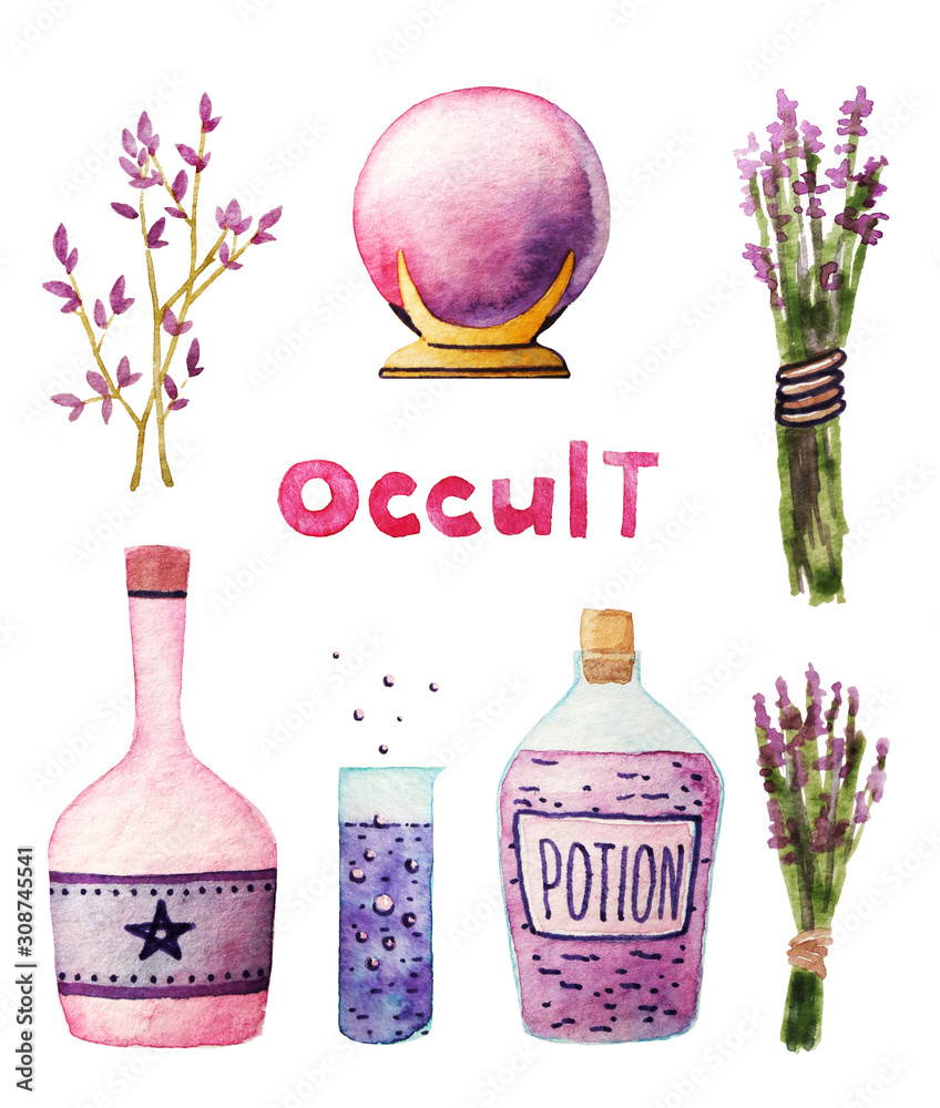 Watercolor collection with magical and occult objects