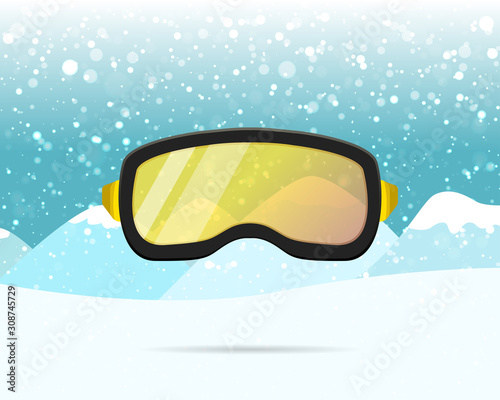Skiing and snowboard yellow protective mask goggles, winter glasses activity equipment. Extreme sport stock vector illustration on snowy mountain background.