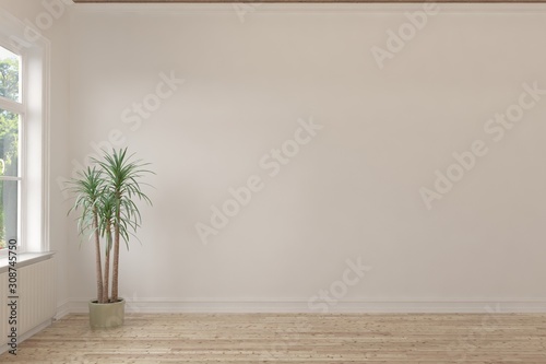 Empty room in white color. Scandinavian interior design. 3D illustration