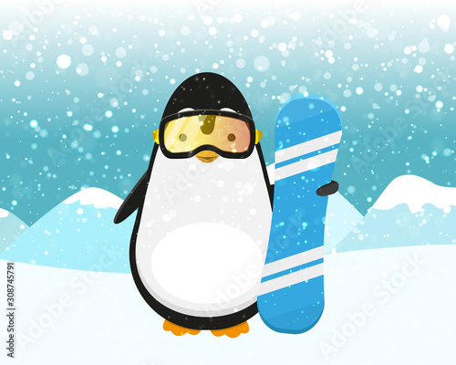 Sport Penguin With Blue Snowboard and yellow Protective Mask. Snowboarding Goggles on snowy mountains background. Stock Vector Illustration.