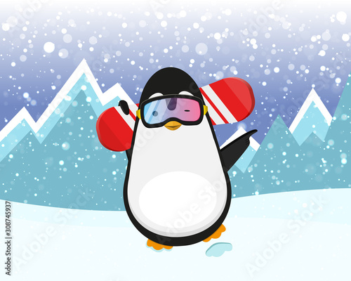 Sport Penguin With Red Snowboard and colorful Protective Mask. Snowboarding Goggles on snowy mountains background. Stock Vector Illustration.