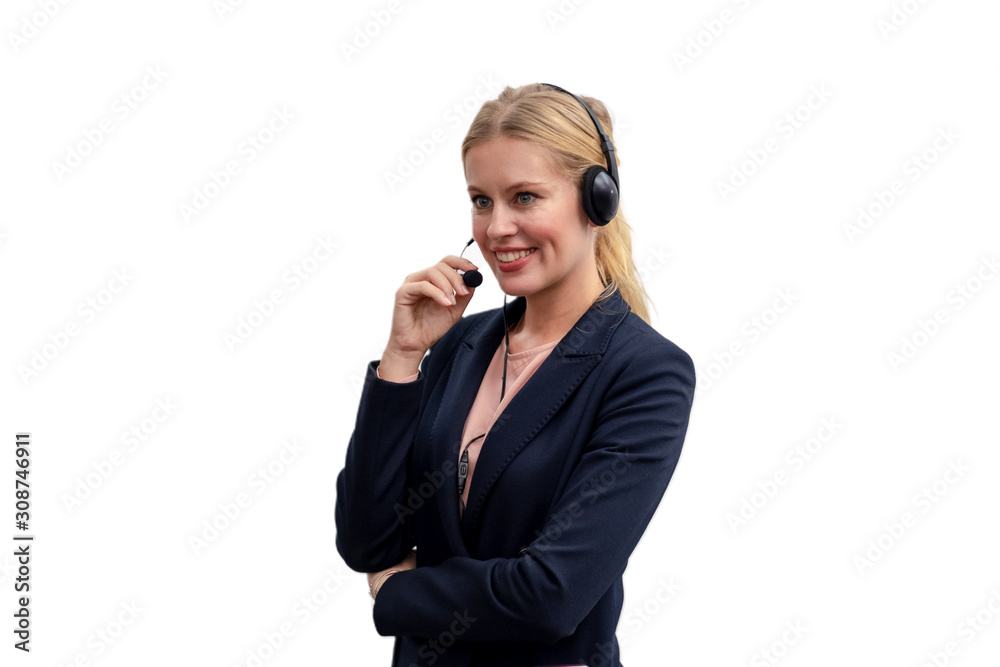 Smiling business woman call center operator on isolated white background. Woman customer service worker on isolated white background Smiling business woman call center operator on isolated white background. Woman customer service worker on isolated white background