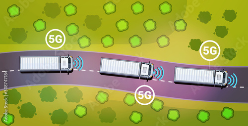 cargo trucks trailers driving road 5G online communication wireless systems connection concept fifth innovative generation of high speed internet top angle view horizontal vector illustration