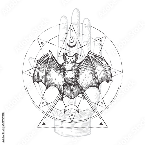 Abstract Occult Symbol, Vintage Style Logo or Tattoo Template. Hand Drawn Black Bat and Palm Hand Sketch Symbol and Geometric Mystical Magic Ornaments and Signs.