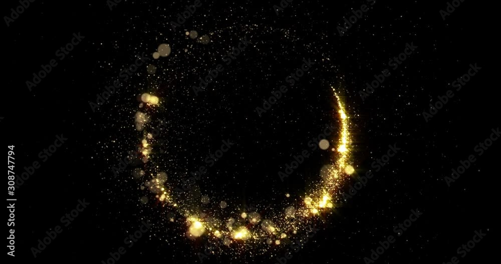 Gold sparkling light circle with shimmering particles with glare flare effect. Christmas and New Year background, abstract golden glittery confetti ring frame with magic glowing shimmer sparkle trail