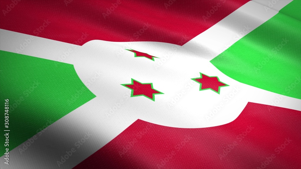 Flag of Republic of Burundi. Realistic waving flag 3D render illustration with highly detailed fabric texture. Flag of Republic of Burundi. Realistic waving flag 3D render illustration with highly detailed fabric texture.
