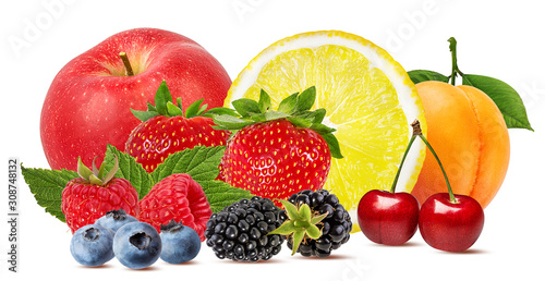 Fototapeta Naklejka Na Ścianę i Meble -  Collage of fresh fruits and berries isolated on white background with clipping path