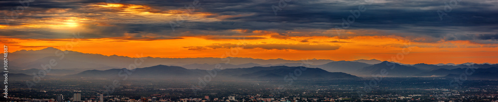 panoramic Majestic sunset sky over the mountains landscape