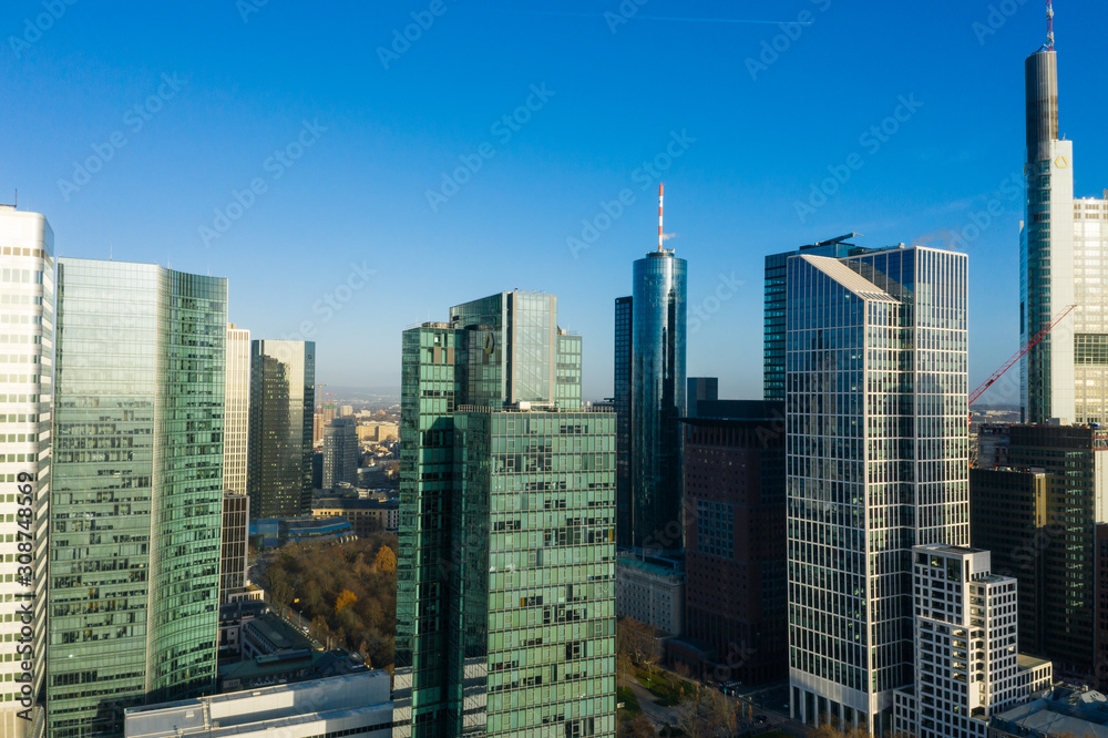 Fototapeta premium Frankfurt am Main aerial view with drone. Sunset in Frankfurt am Main. 10.12.2019 Frankfurt am Main Germany.