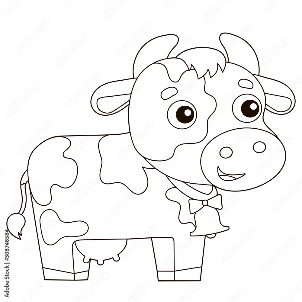 Coloring Page Outline of cartoon cow with bell. Farm animals. Coloring ...