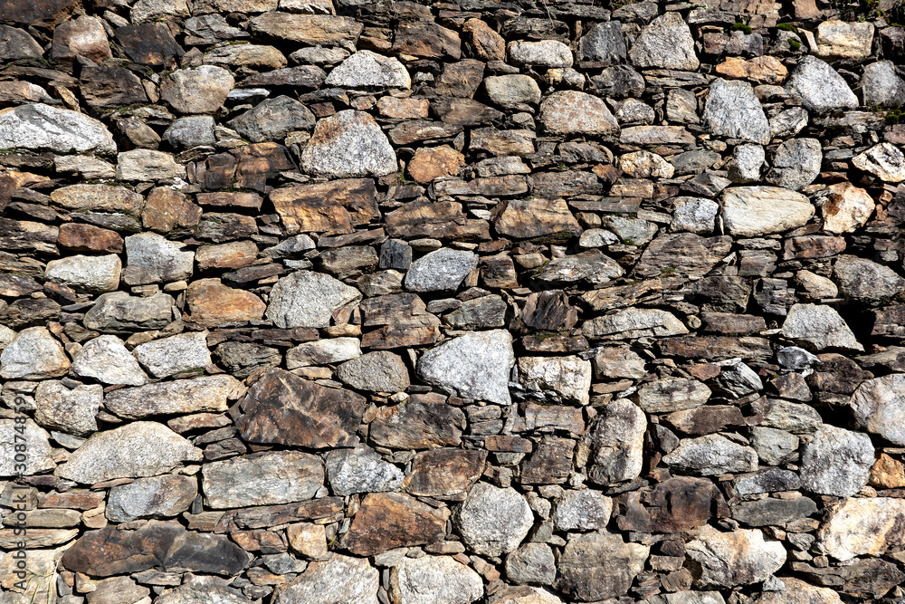 Dry stone wall along a country road in Valtellina, Lombardy, Italy