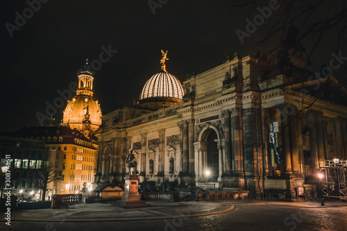 Bruhl's Terrace in Dresden at night. Academy of Fine Arts Dresden at night.  Travel and tourism in Dresden. Saxony tourism. © Oleksandr
