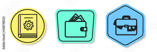 Set line User manual, Wallet with stacks paper money cash and Briefcase and money. Colored shapes. Vector