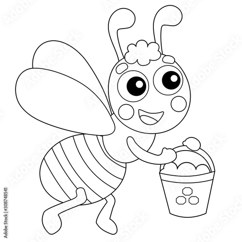 Coloring Page Outline of cartoon bee with honey. Coloring book for kids.
